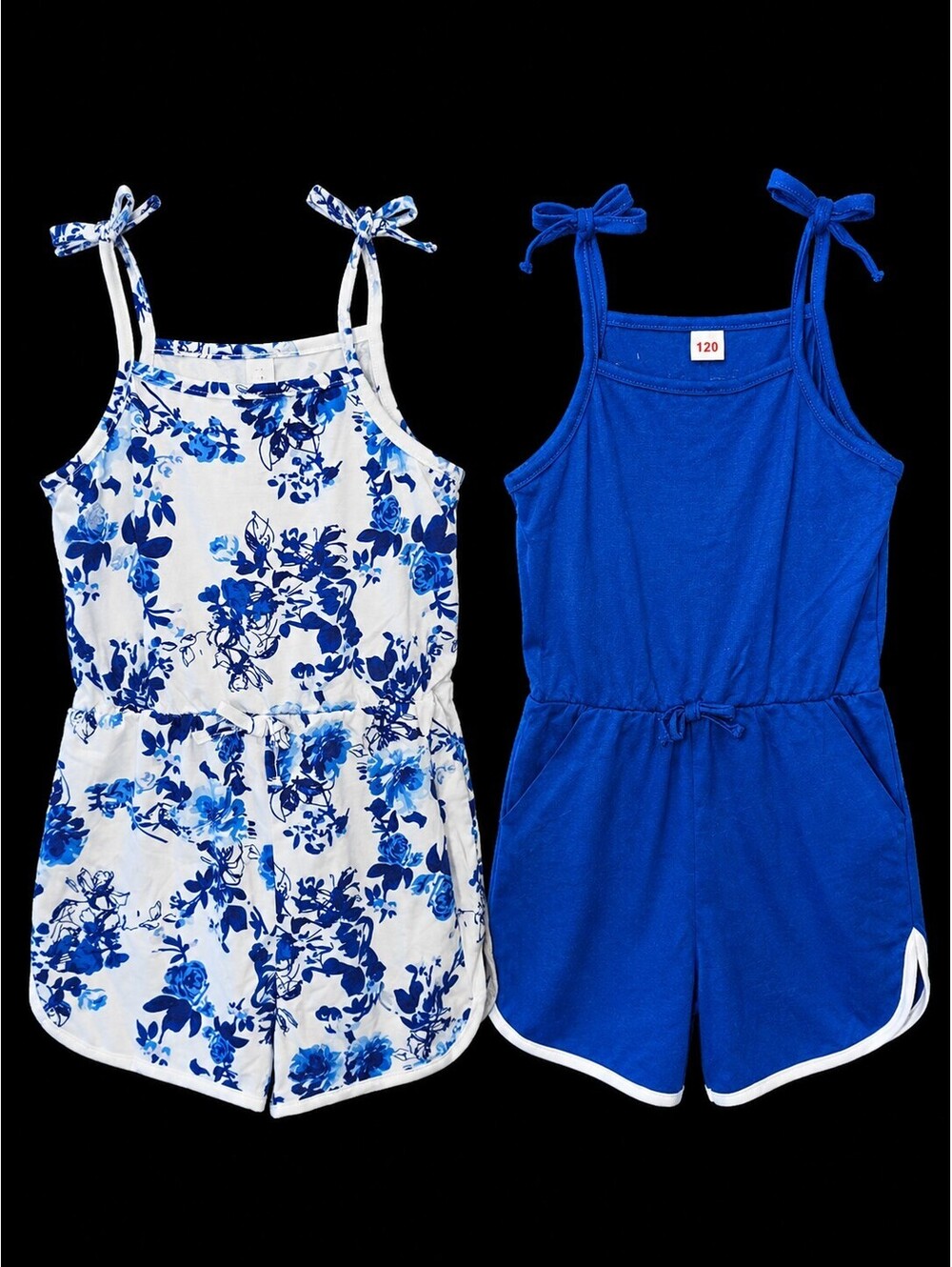 Girls' Blue and White Floral & Solid Blue Rompers Set Size 120